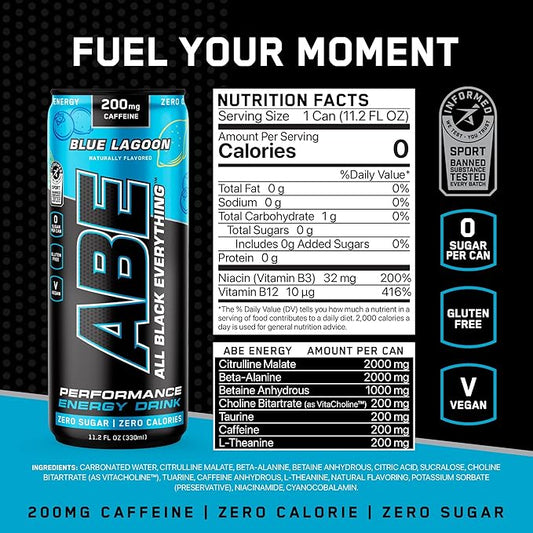 All Black Everything Sugar Free Energy Drink | Blue Lagoon | 0 Calories | 12 Pack | 200mg Natural Caffeine | Pre-Workout Sport Drink for Men and Women