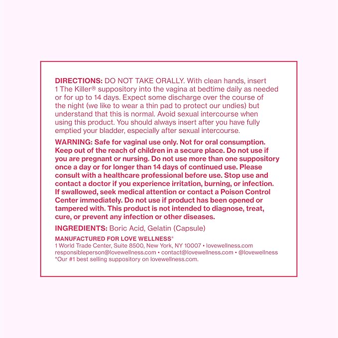 Love Wellness The Killer | Boric Acid Vaginal Suppositories | Balances pH & Supports Odor Control, a Healthy Vaginal Balance and Environment | Fast-Acting & Fragrance-Free | Gentle & Effective | 14 Ct