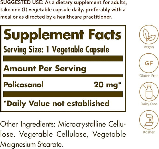 Solgar Policosanol 20 mg, 100 Vegetable Capsules - Supports Heart Health - General Wellness - Vegan, Gluten Free, Dairy Free, Kosher - 100 Servings