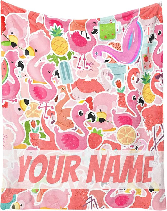 Custom Flamingo Blanket Gifts with Name - 60 x 80 Inches Funny Flamingo Throw for Men & Women - Pink Fluffy Comfort Furry Blankets for Winter