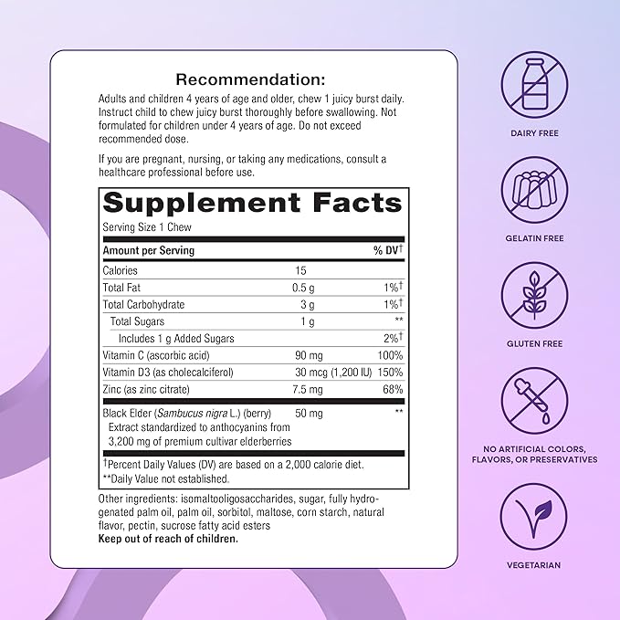 Nature’s Way Sambucus Ultra Immune Juicy Burst, Extra-Strength Formula(1), Immune Support*, Vitamins C & D3, Zinc, Elderberry Extract, 30 Berry Flavored Chews