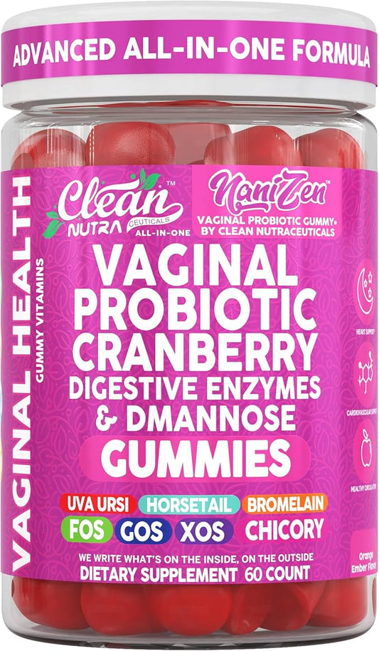 Clean Nutra Vaginal Probiotic Gummies for Women Cranberry Digestive Enzymes D Mannose Womens Probiotic Dmannose Horsetail Bromelain Chicory Fiber Feminine Care Prebiotics Inulin Papaya Enzyme Gummy