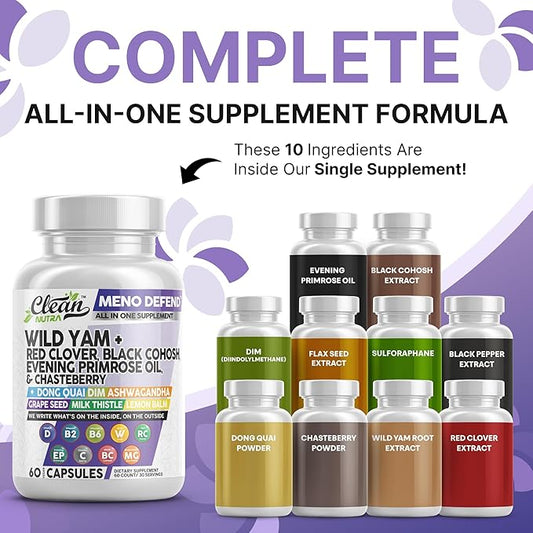Clean Nutra Wild Yam Root Capsules with Red Clover Black Cohosh Evening Primrose Oil Chasteberry Dong Quai DIM Ashwagandha Grape Seed Extract Milk Thistle Lemon Balm and more Hormone Balance For Women