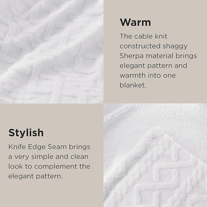 Bedsure Sherpa Fleece Throw Blanket for Couch - GentleSoft Fluffy & Cozy Cable Jacquard Tufted Throw for Women Gift, Thick and Warm Blankets for Winter, White, 50x60 Inches