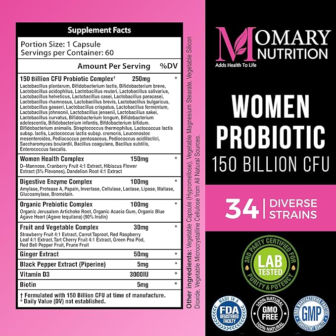 9 in 1 Bio Cultures Complex for Women, 150 Billion CFU Probiotics | 34 Diverse Strains | Organic Prebiotics | Postbiotics | Digestive Enzymes | Biotin, Supports Digestive Health, Colon & Immune Health