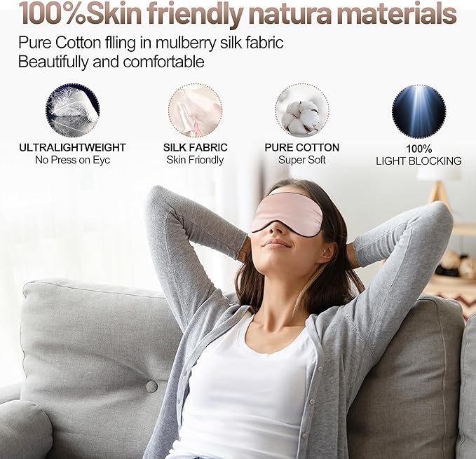 Silk Eye Sleep Mask - Adjustable Strap, Comfortable & Soft Satin Eye Mask, Blindfold Eyeshade for Men & Women for A Full Night's Sleep (Pink)