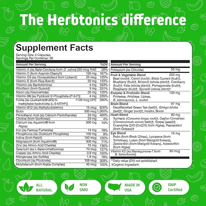 Herbtonics Whole Food Multivitamin for Men & Women – Vegan Multivitamin with Real Fruits & Veggies, Probiotics, CoQ10, Turmeric & More – 60 Capsules