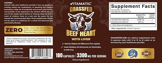 Vitamatic Grass Fed Beef Heart with Liver - 180 Capsules - Freeze Dried & Non-GMO - Pasture Raised Glandular Supplement - Made in USA