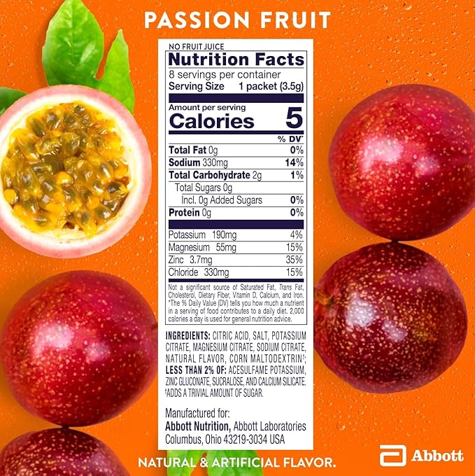 Pedialyte Electrolyte Drink Mix With Zero Sugar | Hydration With Key Electrolytes | Great Hydration Low in Calories | Passion Fruit, 8 Powder Packets