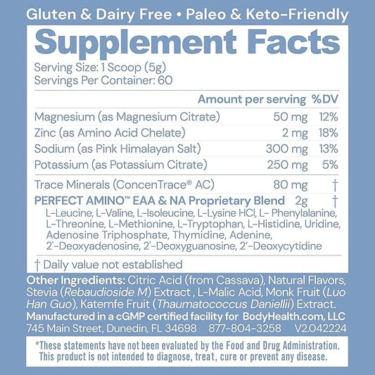 BodyHealth PerfectAmino Electrolytes Powder No Sugar, Keto Sugar Free Fasting Electrolytes Drink Mix, Hydration Powder with Trace Minerals - Mixed Berry - 60 Servings