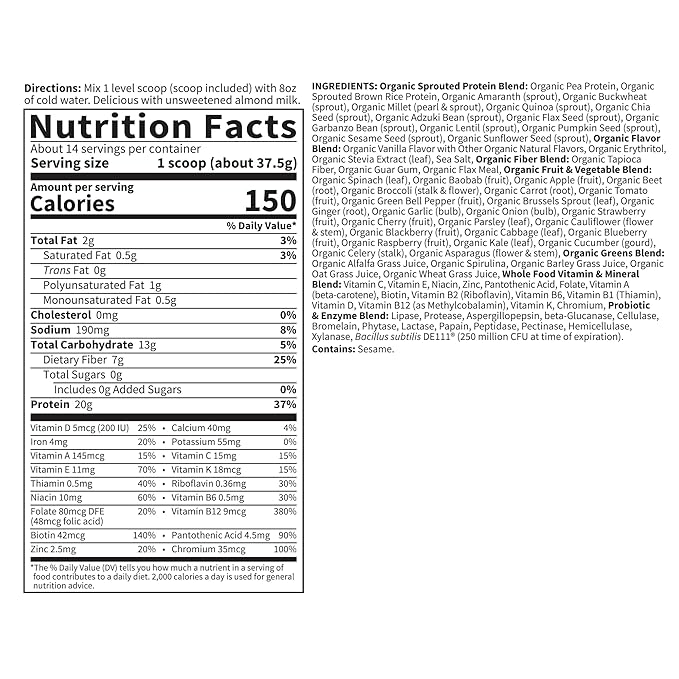Garden of Life Meal Replacement Shakes, Vegan Raw Organic Protein Powder, Vanilla Protein Powder with Plant Based Pea Protein, Sprouts, Greens, Probiotics, Dairy Free 14 Servings