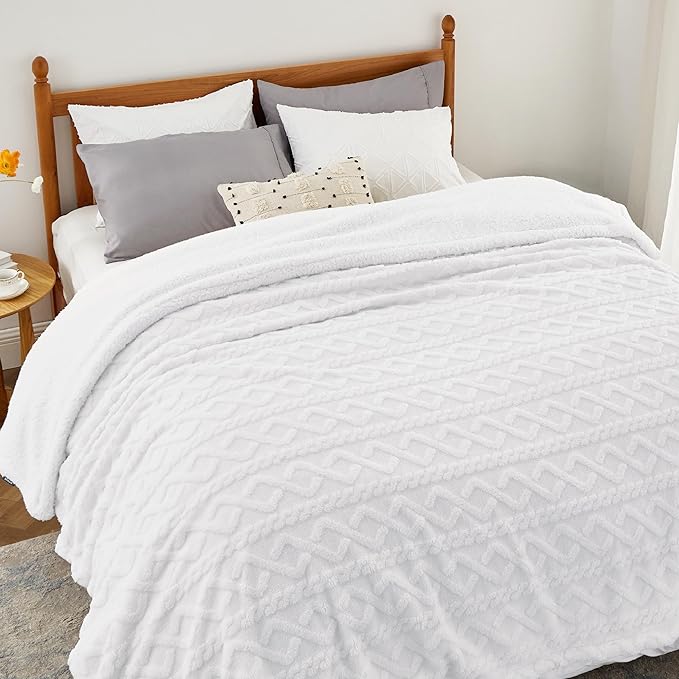 Bedsure Sherpa Queen Size Blanket for Bed - GentleSoft Fleece Fluffy & Cozy Cable Jacquard Tufted for Women Gift, Thick and Warm Blankets for Winter, White, 90x90 Inches