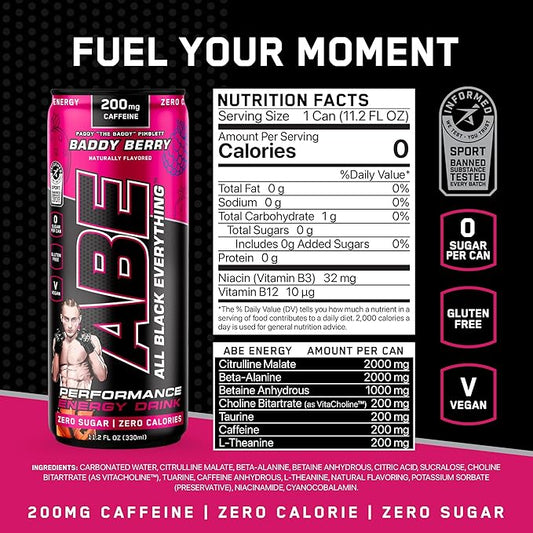ABE Energy + Performance Sugar Free Energy Drink - All Black Everything Drink With Caffeine, VitaCholine, Dynamine, Citrulline Malate (11oz Can - Pack of 12) (Baddy Berry)