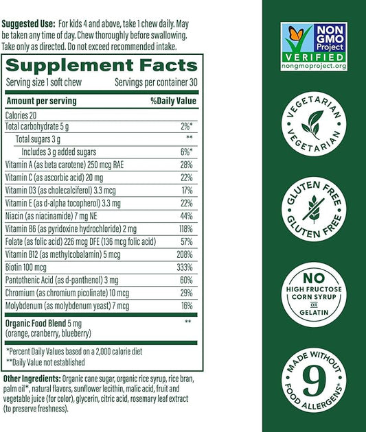 MegaFood Kids One Daily Multivitamin Soft Chews - Kids Vitamins with Vitamin B, Vitamin C, Vitamin D & Vitamin E - Age 4+, Vegetarian, Made Without 9 Food Allergens - Grape Flavor - 30 Chews