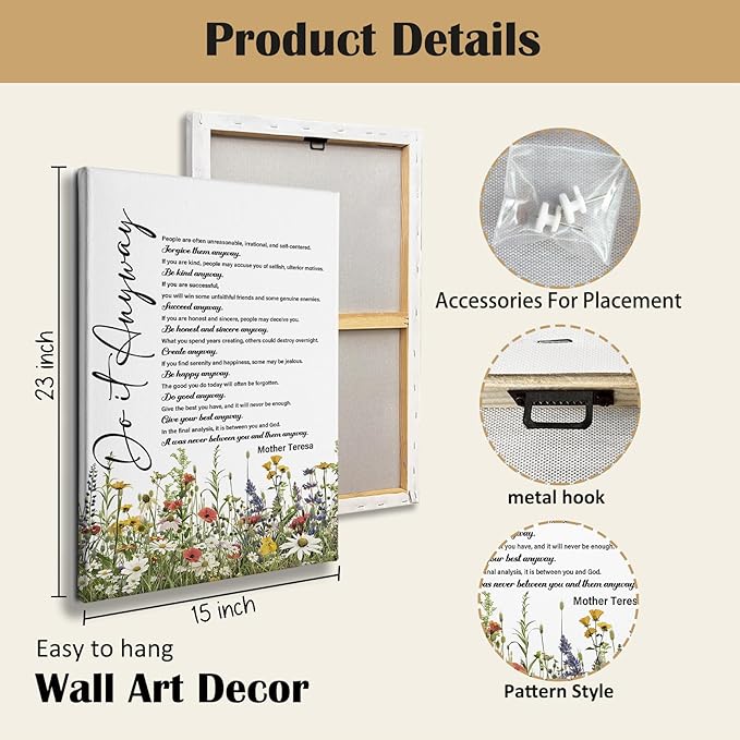 Nitelat Do It Anyway Christian Wall Art, Christian Bible Verse Canvas Wall Art Decor for Home Living Room Church, Wildflower Religious Scripture Canvas Pictures for Wall Decor, 16x24 Inch