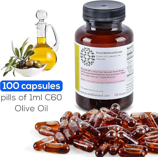 PureC60OliveOil C60 Organic Olive Oil Capsules Pills 100ml / 3.4 Fl Oz - 99.99% Carbon 60 Solvent Free 80mg - Food Grade - Carbon 60 Olive Oil - From The Leading Global Producer