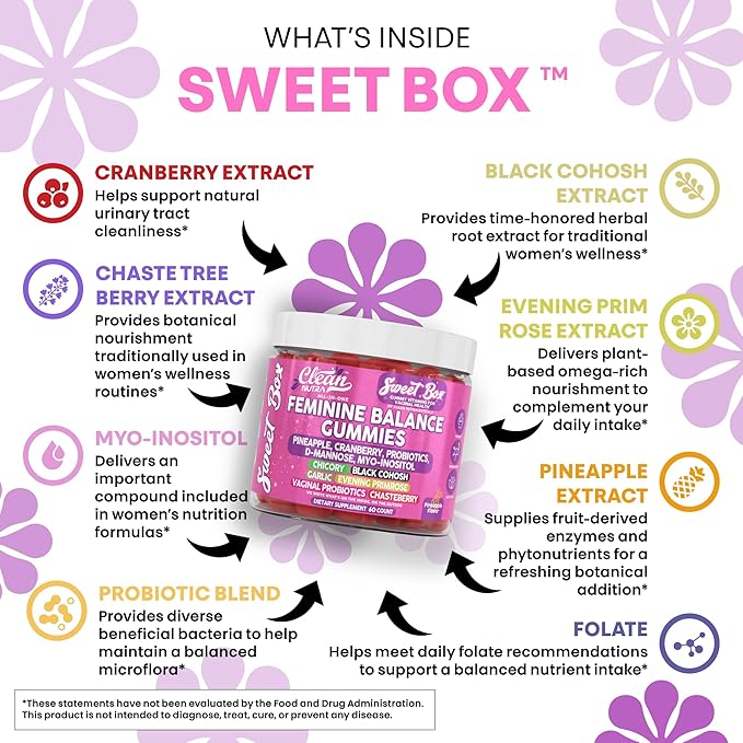 Clean Nutra Feminine Balance Gummies for Women Pineapple VaginalProbiotics pH Balance Cranberry D Mannose Supplement Inositol Black Cohosh Evening Primrose Garlic Vitex GLA Prebiotics Folate 60ct