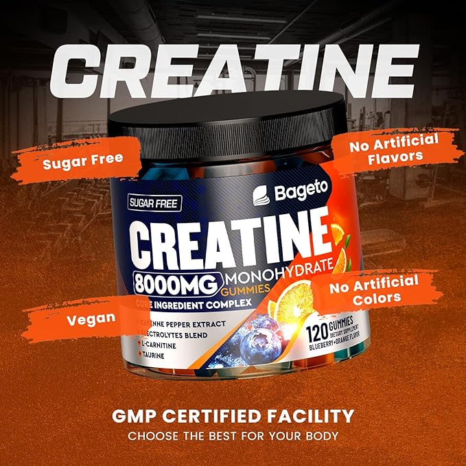Creatine Monohydrate Gummies Complex 8000mg for Men and Women, Flavored and Chewable Creatine with Taurine, L-Carnitine, Electrolyte for Muscle Growth, Strength & Energy, 120pcs Pre Workout Gummies