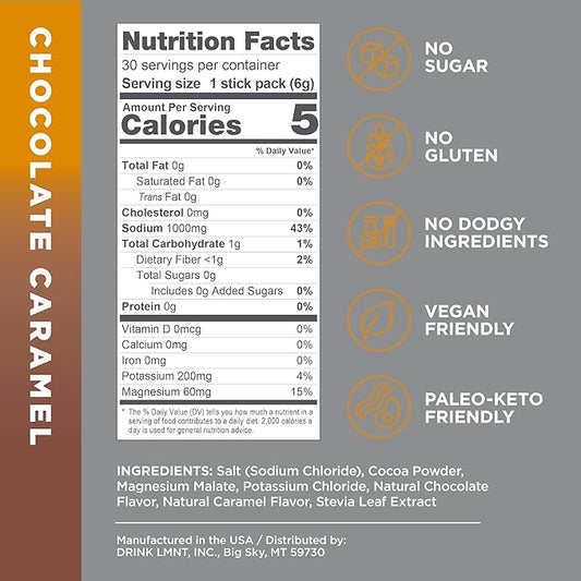 Drink LMNT Zero Sugar Hot Chocolate or Coffee Mixer - Chocolate Caramel Salt | Drink Mix | 30-Count
