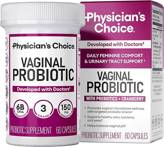 Physician's CHOICE Vaginal Probiotics for Women - pH Balance, Odor Control, Yeast Balance, Vaginal Flora, Moisture, Feminine Health - 6B CFU with Organic Prebiotics and Cranberry Extract - 60 CT