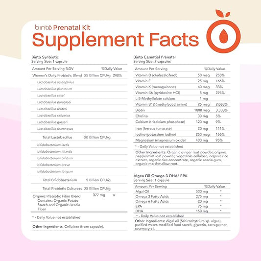 Binto Prenatal Kit - 4-in-1 Supplements for Healthy Mom & Baby - 30 Day Supply - Multivitamin, Probiotics, Iron, DHA, Methylated Folate & Folic Acid - Non-GMO, Gluten-Free, Vegetarian