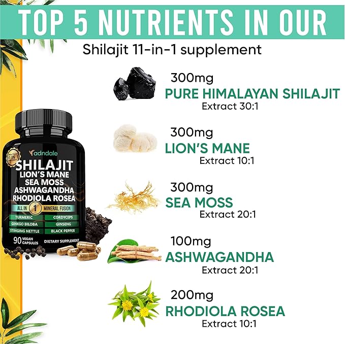 Adndale Shilajit Ultra Force 11-in-1. Pure Himalayan Organic Shilajit for Men and Women Capsules with Sea Moss Ashwagandha Rhodiola Rosea Lion’s Mane. 90 Count