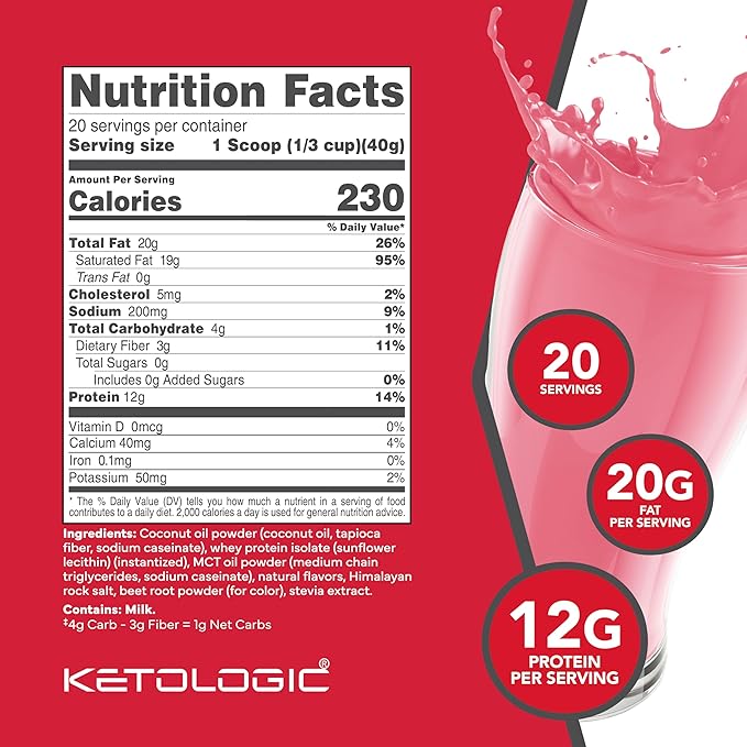 KetoLogic Keto Meal Replacement Shake Powder For Optimal Results + MCT Oil + Grass-Fed Whey - Perfectly Formulated Macros for Ketosis - 20 Servings - Strawberry
