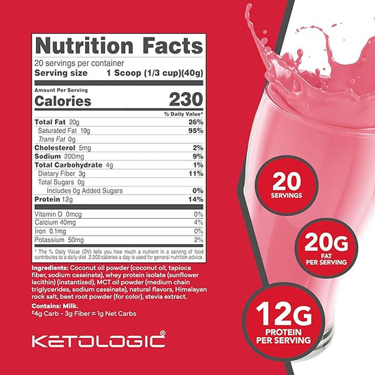KetoLogic Keto Meal Replacement Shake Powder For Optimal Results + MCT Oil + Grass-Fed Whey - Perfectly Formulated Macros for Ketosis - 20 Servings - Strawberry