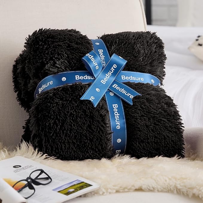 Bedsure GentleSoft Fluffy Black Blankets Queen Size for Bed, Thick Sherpa Faux Fur Fleece Fuzzy Plush Winter Warm Soft Full Queen Blankets, Bedroom Decor Black Gifts Cozy Gifts for Women Men, 90x90