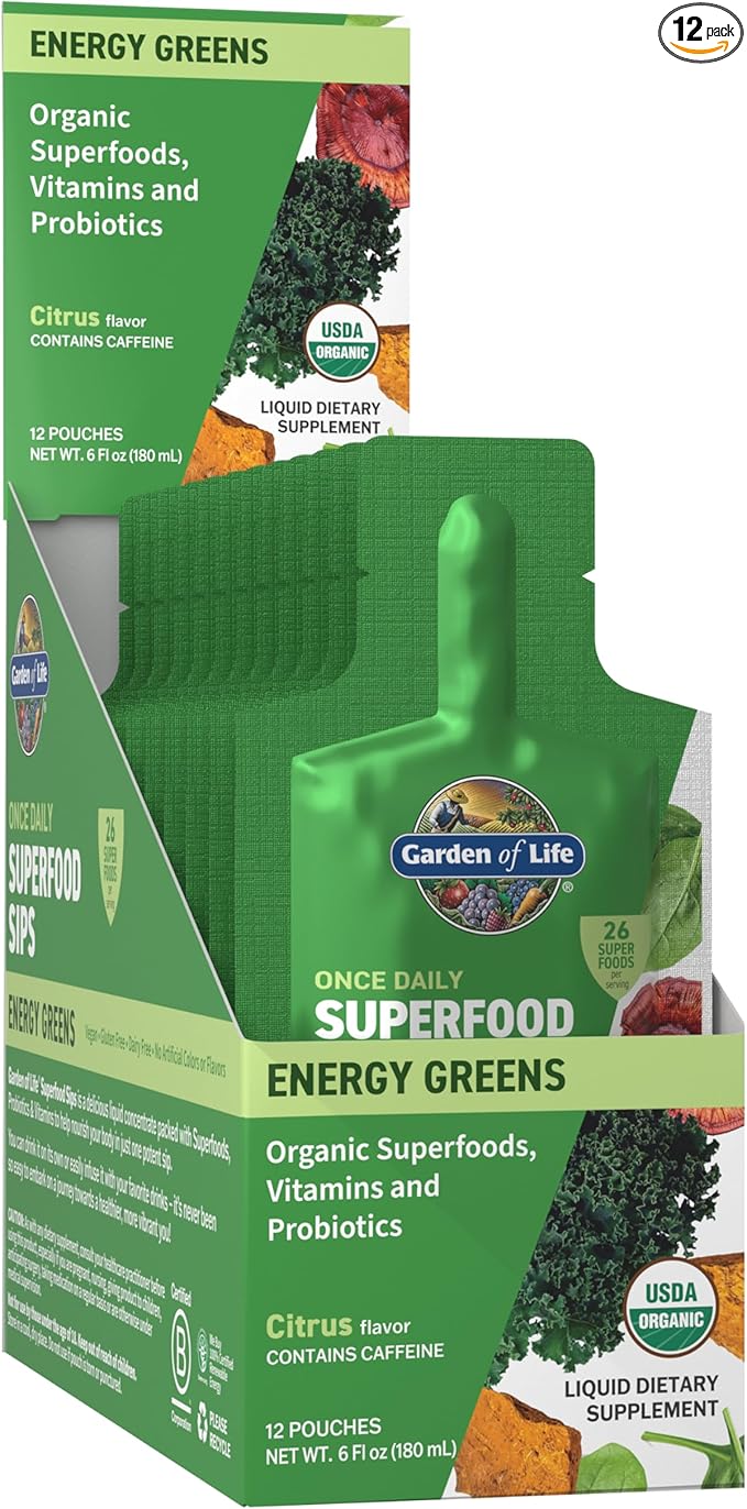 Garden of Life Superfoods Sips Pouches, Vitamins, Probiotics, 26 Organic Superfoods, Energy Greens, Functional Mushrooms, Once Daily, Organic, Vegan, Preservative-Free, Citrus Flavor, 12 Servings