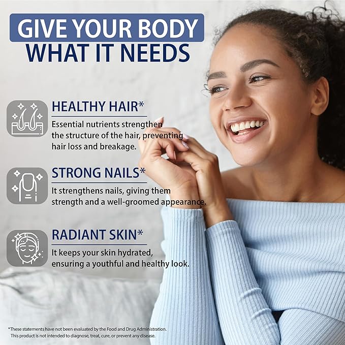 Biotin with Hyaluronic Acid, Keratin, and Collagen Supplements - Hair Growth Vitamins for Women and Men, Healthy Nails and Skin, B1, B2, B3, B6, B7 Complex, USA