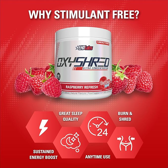 EHP Labs OxyShred Non Stimulant Pre Workout Powder - Stim Free, Caffeine Free Preworkout for Men & Women - Non Stim Preworkout - Sugar Free Energy Powder - Raspberry, 60 Servings