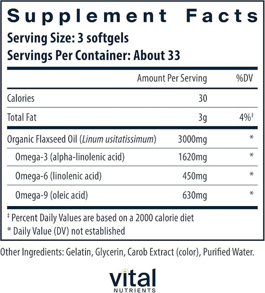 Vital Nutrients Flax Seed Oil 3000mg | Cold Pressed Flax Oil with high Concentration of ALA for Heart Health* | Gluten, Dairy and Soy Free | Non-GMO | 100 Softgels