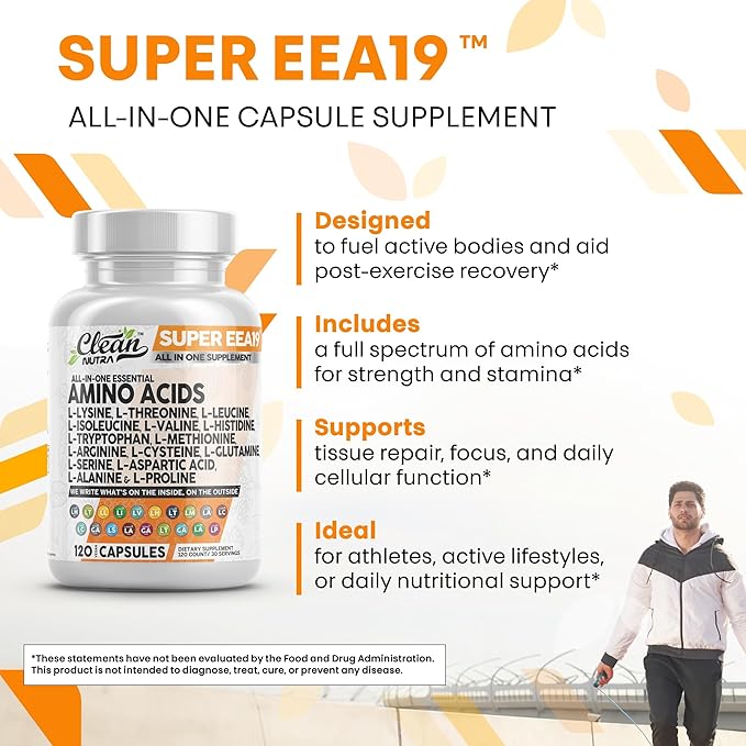 Clean Nutraceuticals Amino Acids Supplement L-Lysine, L-Threonine, L-Leucine, Isoleucine, Valine, L-Histidine, L-Tryptophan, L-Methionine, L-Arginine, L-Cysteine, L-Glutamine, L-Serine, Aspartic Acid
