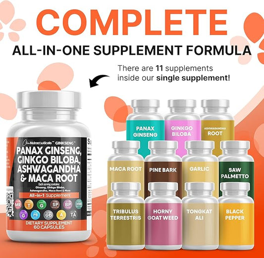 Clean Nutraceuticals Panax Ginseng Ginkgo Biloba Ashwagandha Maca Root - Focus Supplement Pills for Women and Men with Pine Bark Extract, Garlic, and Saw Palmetto - 60 Caps