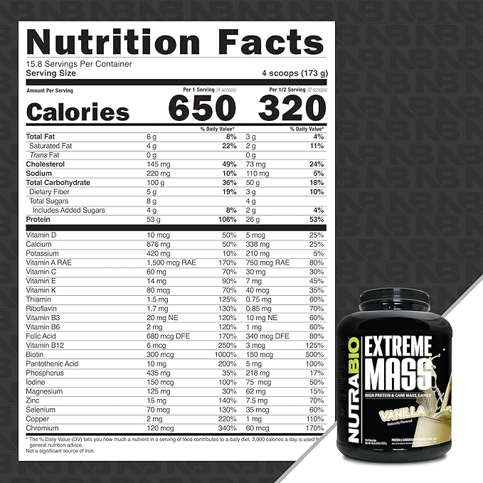 NutraBio Extreme Mass Gainer Protein Powder, 53G Protein, Clean Weight Gainer, Increase Muscle Mass, Full Spectrum Amino Acid - Vanilla, 6 Pound