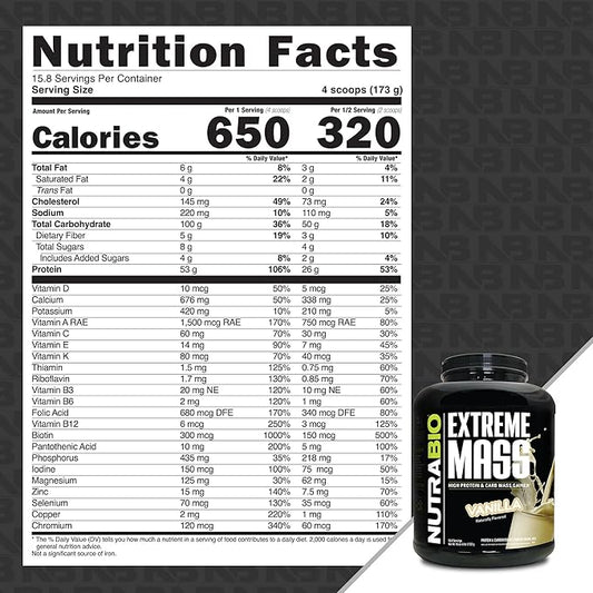 NutraBio Extreme Mass Gainer Protein Powder, 53G Protein, Clean Weight Gainer, Increase Muscle Mass, Full Spectrum Amino Acid - Vanilla, 6 Pound
