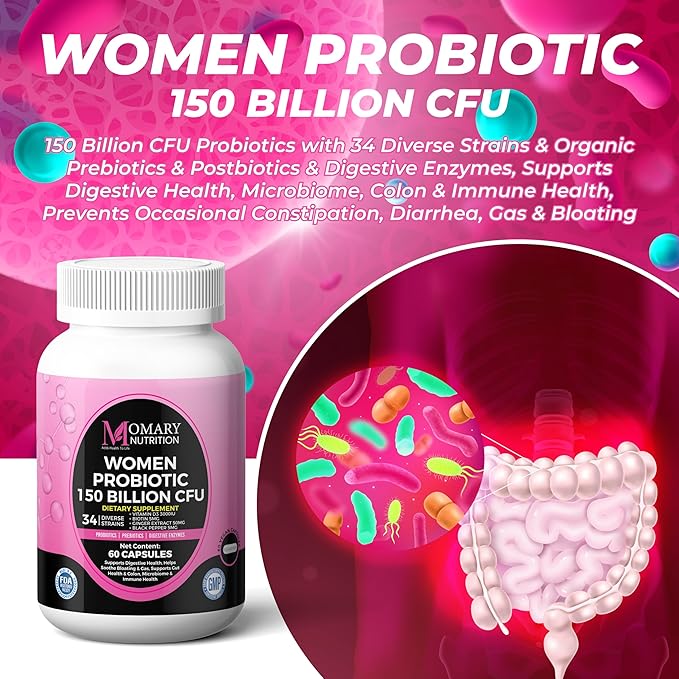 9 in 1 Bio Cultures Complex for Women, 150 Billion CFU Probiotics | 34 Diverse Strains | Organic Prebiotics | Postbiotics | Digestive Enzymes | Biotin, Supports Digestive Health, Colon & Immune Health