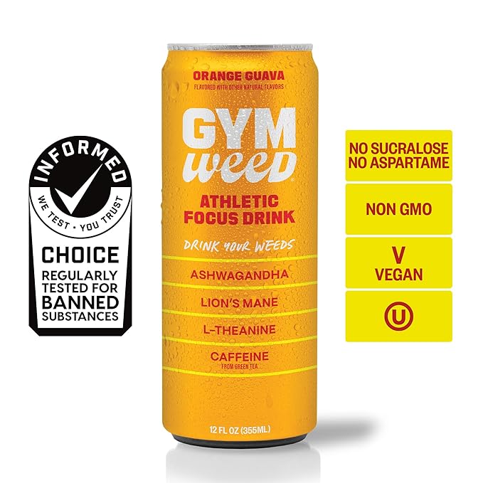 GYM WEED Athletic Focus Drink with KSM-66 Ashwagandha, Lion's Mane Mushroom, L-Theanine, 200mg Green Tea Caffeine with Natural Sweeteners Orange Guava Flavor, 12 Pack