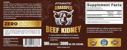Vitamatic Grass Fed Beef Kidney with Liver - 180 Capsules - Freeze Dried & Non-GMO - Pasture Raised Glandular Supplement - Made in USA