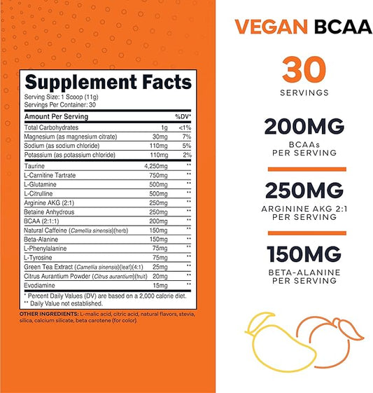 Type Zero AminoBurn - Natural Pre Workout + BCAA (Peach Mango | 30serv) Sugar Free BCAAs Amino Acids Supplement Keto and Amino Preworkout and Post Workout Drink