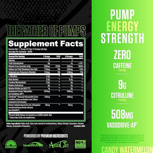 RYSE Pump Daddy V2 Pre Workout Powder - Noel Deyzel Signature - Candy Watermelon - Non-Stim Supplement with Citrulline, Creatine and Beta Alanine for Pumps, Endurance and Strength - 40 Servings
