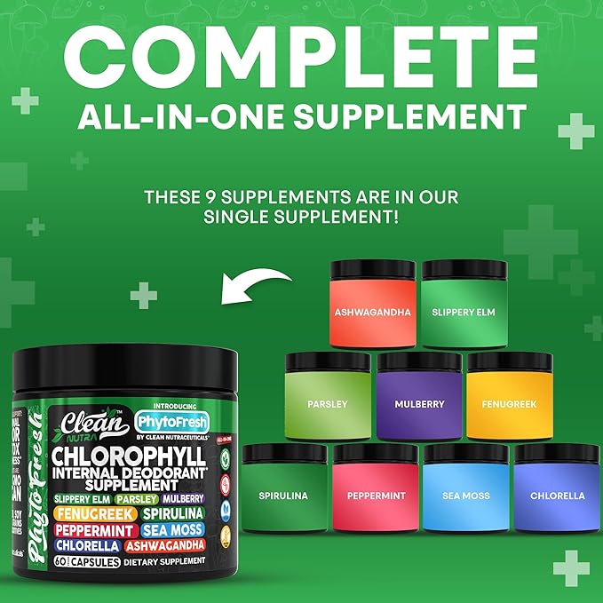 Clean Nutra Chlorophyll Capsules Supplement Internal Deodorant Peppermint, Sea Moss, Parsley, Chlorella, Spirulina, Slippery Elm, Ashwagandha, PhytoFresh Greens Detox Pills