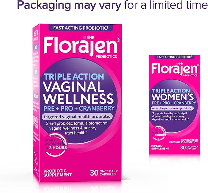 Florajen Women’s Triple-Action Probiotic - Prebiotic + Probiotic + Cranberry for Vaginal, Digestive, & Immune Support - Fast-Acting - Clinically-Studied - Gluten-Free & Vegan - 30-Count