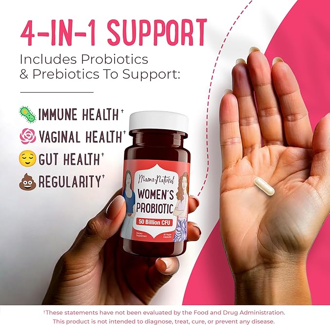 Mama Natural Womens Probiotic – Vaginal, Gut Health & Immune Support Supplement – with Organic Prebiotics (30 Count) - Lactobacillus & Bifidobacterium Probiotic - 50 Billion CFU & 10 Strains