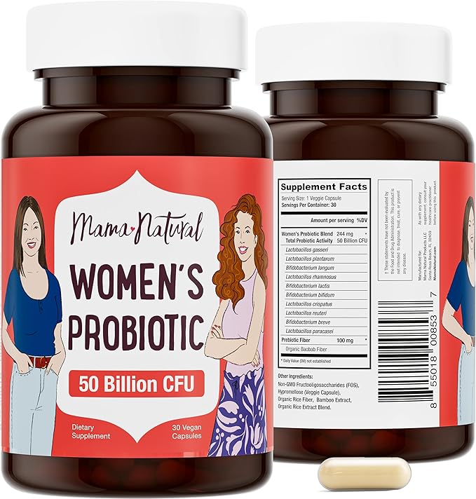 Mama Natural Womens Probiotic – Vaginal, Gut Health & Immune Support Supplement – with Organic Prebiotics (30 Count) - Lactobacillus & Bifidobacterium Probiotic - 50 Billion CFU & 10 Strains