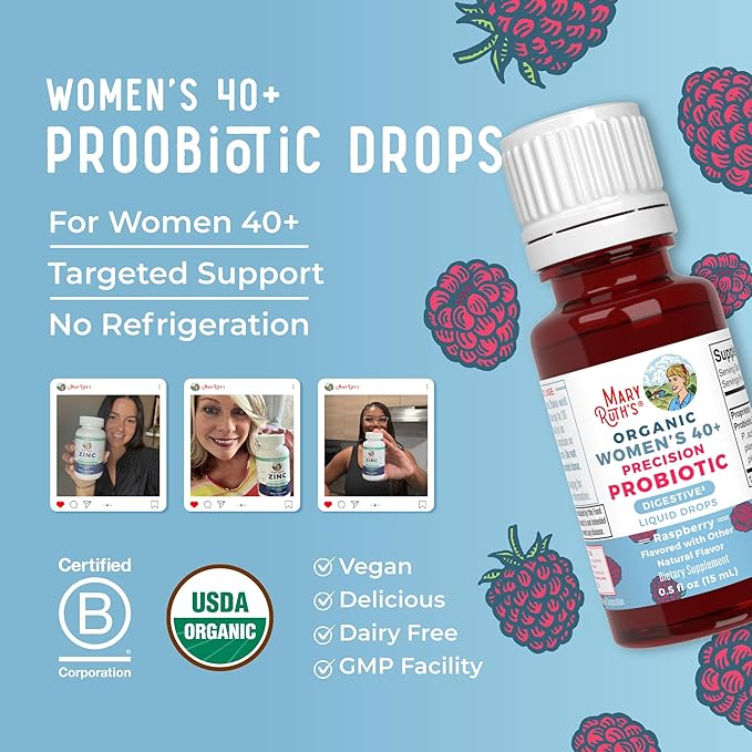 MaryRuth Organics USDA Organic 40 Womens Probiotic Liquid Drops | Probiotics for Digestive Health | Stress-Related GI Issues | Occasional Gas Relief for Adults | Vegan | Dairy Free | 30 Servings