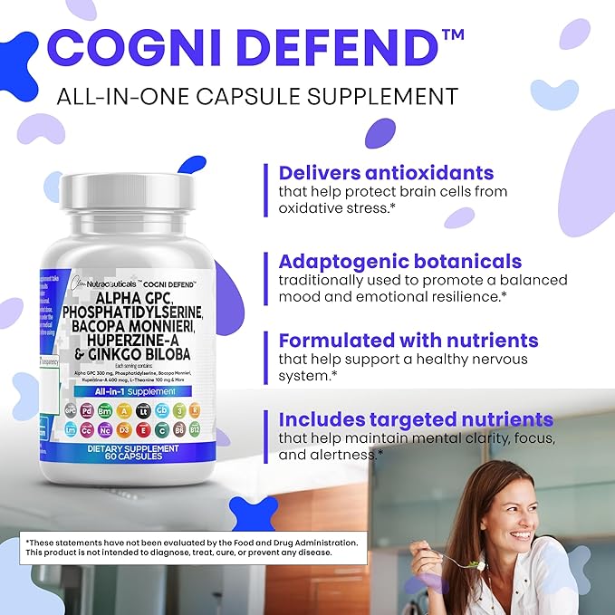 Clean Nutraceuticals Alpha GPC Choline Phosphatidylserine Bacopa Monnieri Ginkgo Biloba Huperzine A Supplement with Urdine Lions Mane Cats Claw NAC Vitamin C B D E