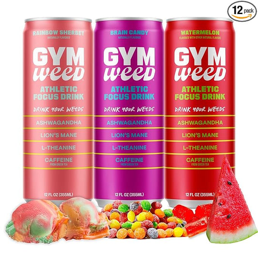 GYM WEED Athletic Focus Drink with KSM-66 Ashwagandha, Lion's Mane Mushroom, L-Theanine, 200mg Green Tea Caffeine with Natural Sweeteners Sour and Sweet Variety of Flavors, 12 Pack