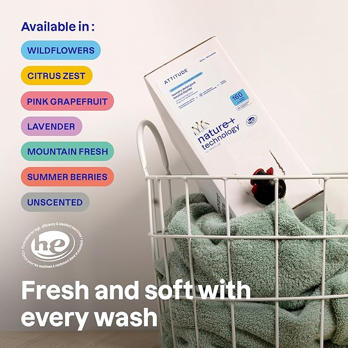 ATTITUDE Liquid Laundry Detergent Refill, EWG Verified, HE Compatible, Plant-Based & Vegan, Natural Laundry Soap, Lavender Scent, 160 Loads, 135.26 Fl Oz